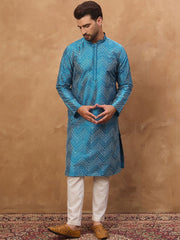 Ethnic Bay Men Blue Silk Blend Geometric Printed Straight Kurta With Pant Set-MKSET1531