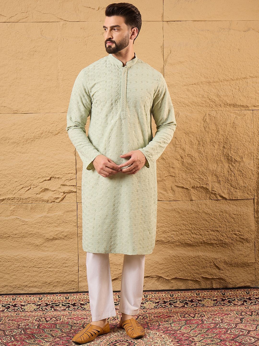 Ethnic Bay Men Green Rayon Blend Solid Embroidered Straight Kurta With Pant Set-MKSET1231