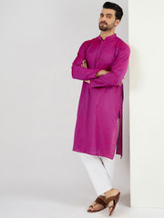 Ethnic Bay Men Pink Cotton Solid Woven Design Straight Kurta With Pant Set-MKSET1100