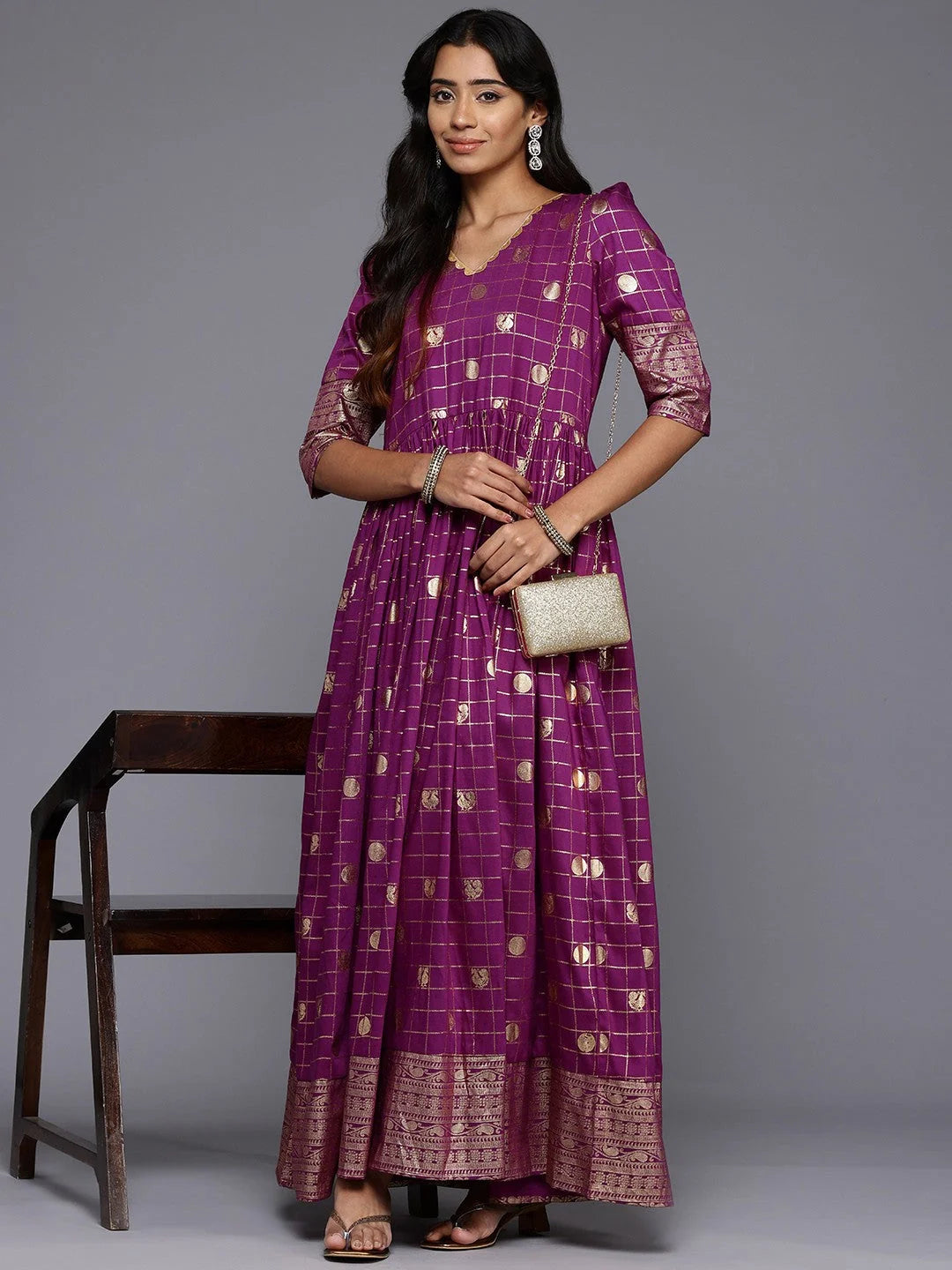 Checked Puff Sleeves Maxi Gown-AHEDCNFP-242