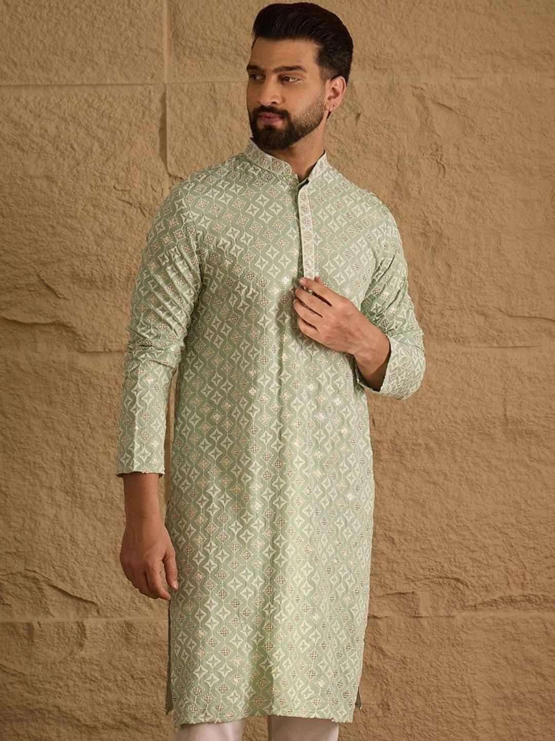 Ethnic Bay Men Green Viscose Rayon Solid Embroidered Straight Kurta With Pant Set-MKSET1238