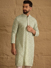 Ethnic Bay Men Green Viscose Rayon Solid Embroidered Straight Kurta With Pant Set-MKSET1238