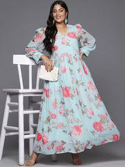 Turquoise Blue & Pink Plus Size Floral Printed A-Line Maxi Dress-AP-AHEDGRDP-142-FF