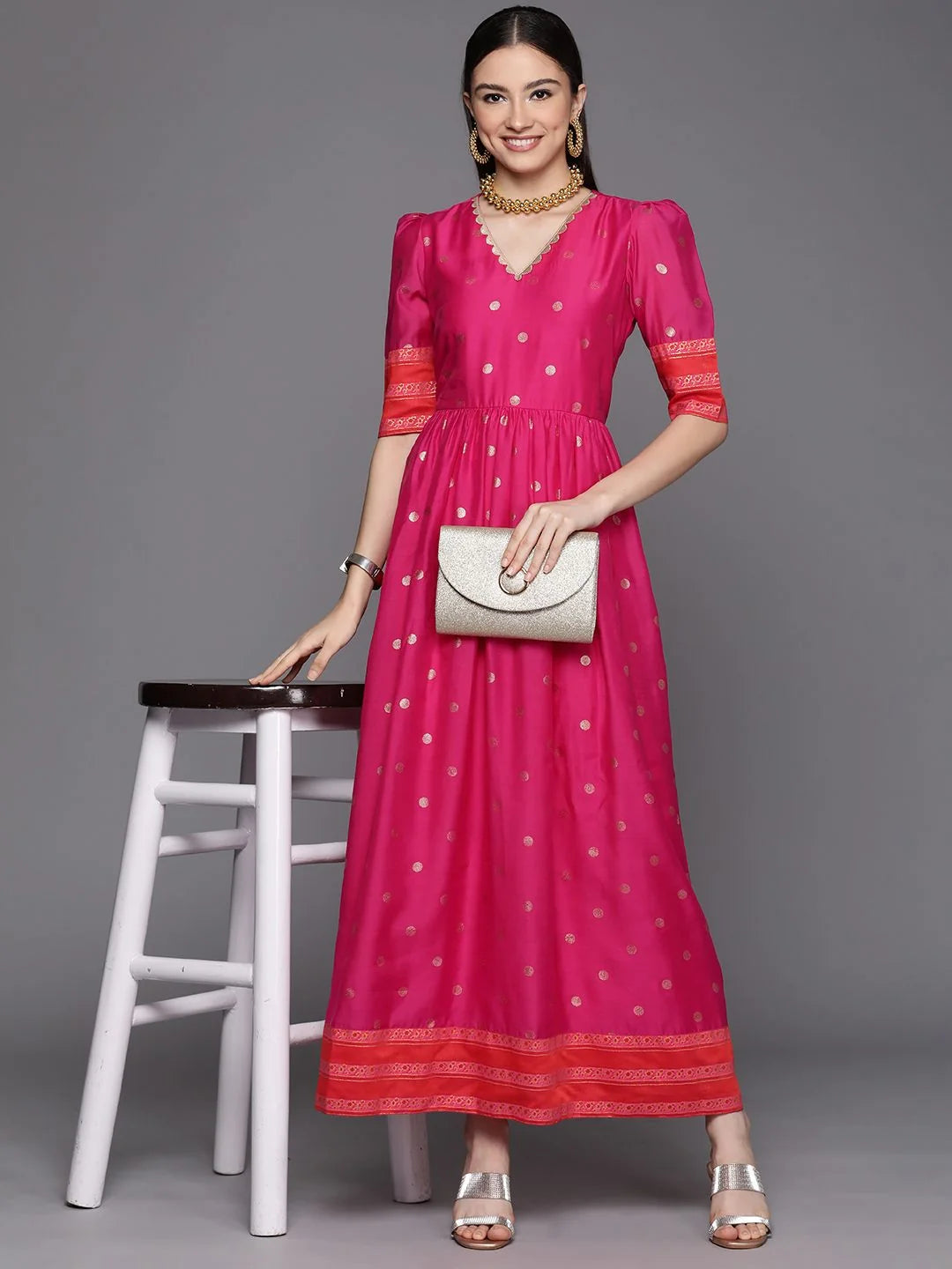 Pink Chanderi Gold Foil Dress | Indian Dresses Online