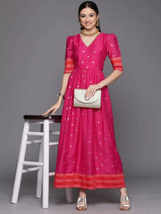 Pink Chanderi Gold Foil Print Dress-AHDRCHGP-987