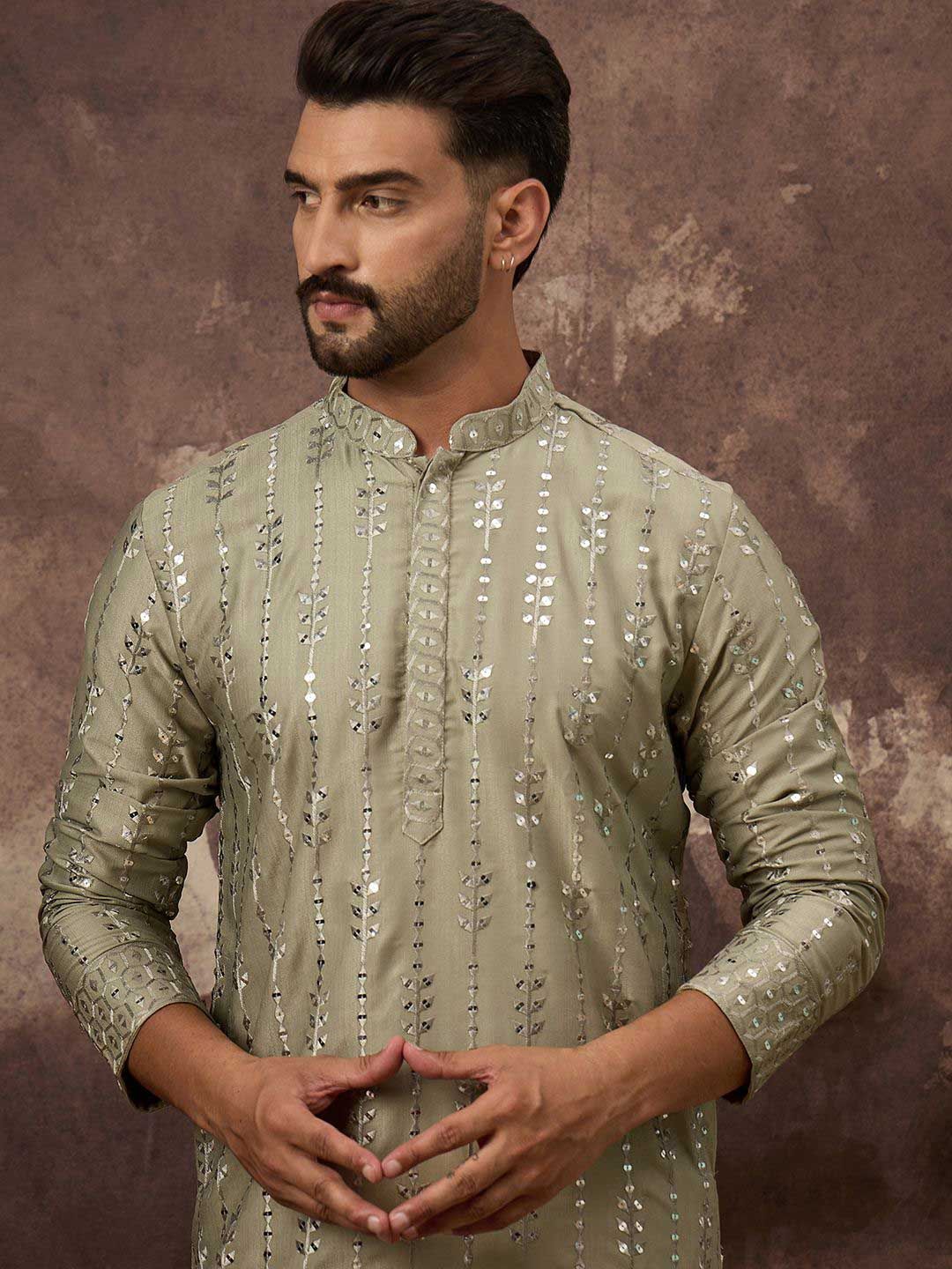 Ethnic Bay Men Green Silk Blend Solid Embroidered Straight Kurta With Pant Set-MKSET1356