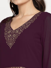 Wine Georgette Gold Foil Print Flared Kurta with Dupatta-AHKUDU-COMBO-408