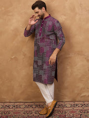 Ethnic Bay Men Purple Silk Blend Geometric Printed Straight Kurta With Pant Set-MKSET1529