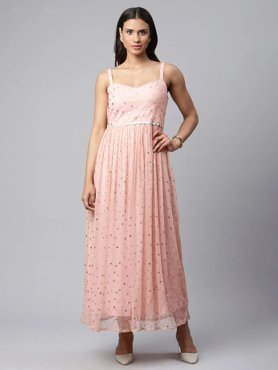 Pink Net Gold Foil Print Dress-AHDRNTFP-943-FF