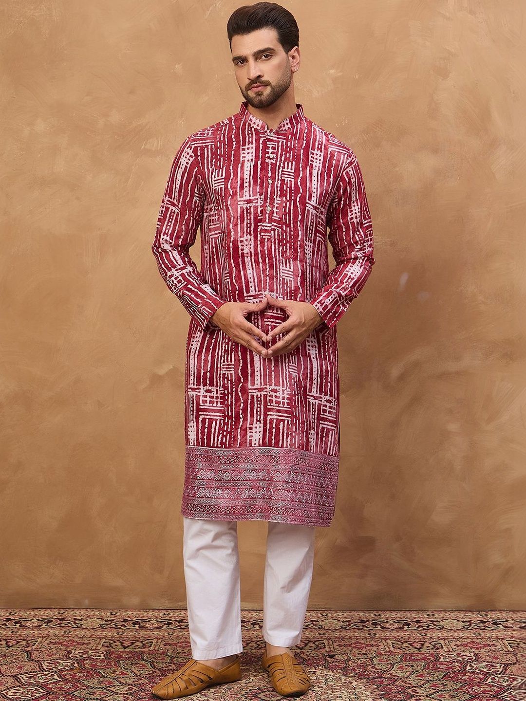 Ethnic Bay Men Red Viscose Rayon Batik Embroidered Straight Kurta With Pant Set-MKSET1499