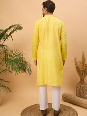 Ethnic Bay Men Yellow Silk Blend Solid Embroidered Straight Kurta With Pant Set-MKSET1455