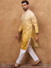Ethnic Bay Men Yellow Silk Blend Solid Embroidered Straight Kurta With Pant Set-MKSET1486