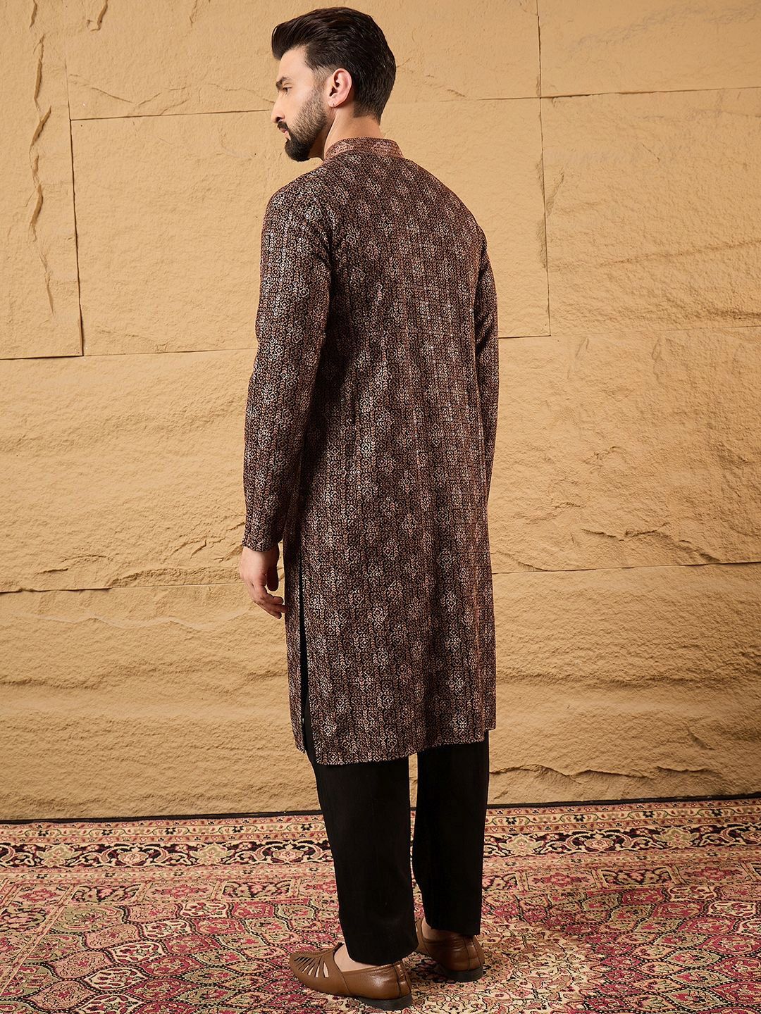 Ethnic Bay Mens Brown Viscose Rayon Ethnic Motifs Embroidered Chikankari Straight Kurta With Pant Set-MKSET1164