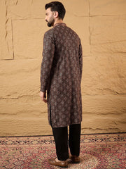 Ethnic Bay Mens Brown Viscose Rayon Ethnic Motifs Embroidered Chikankari Straight Kurta With Pant Set-MKSET1164