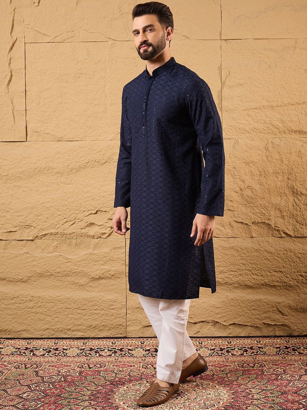 Ethnic Bay Men Blue Viscose Rayon Solid Embroidered Straight Kurta With Pant Set-MKSET1187