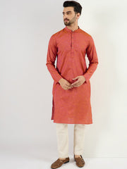 Ethnic Bay Men Orange Cotton Solid Woven Design Straight Kurta With Pant Set-MKSET1094