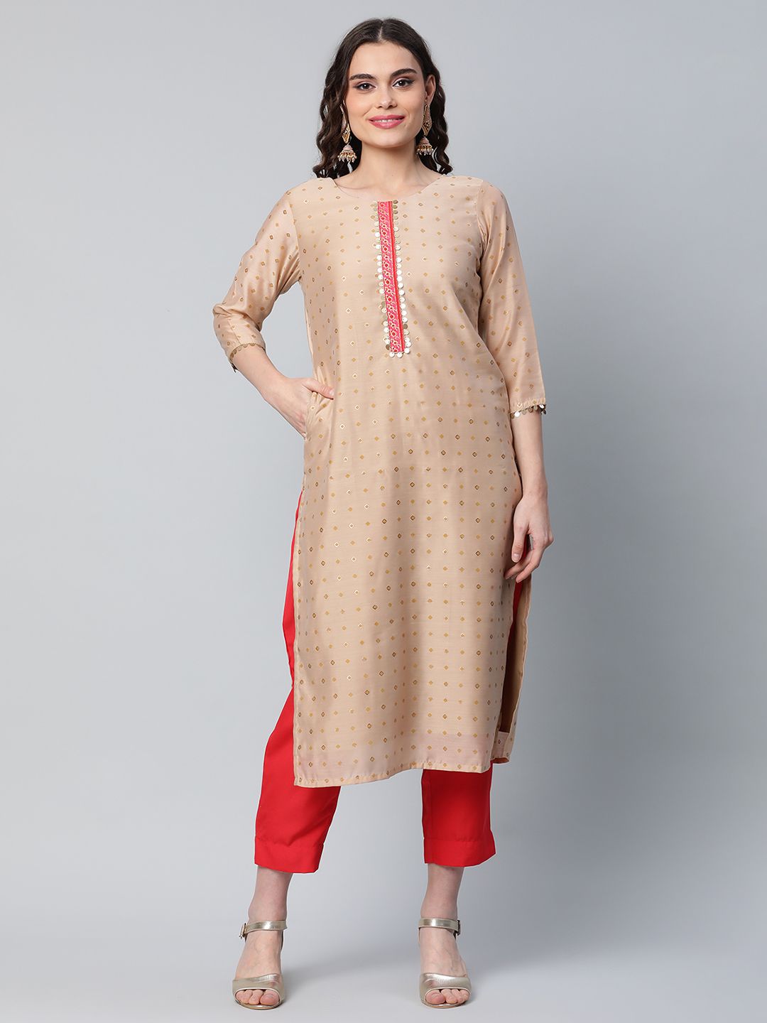 Beige & Red Printed Kurta Pant Set | Designer Kurta Sets