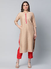 Beige & Red Chanderi Printed Kurta Pant Set-AHKUPN-COMBO-429