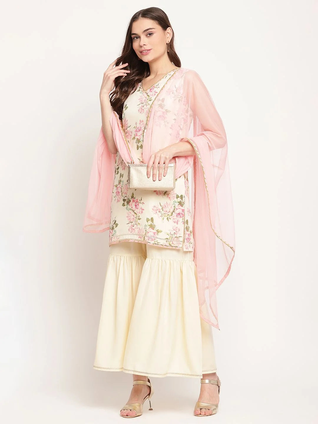 Beige Floral Print Sharara Set | Women's Designer Sharara Suits