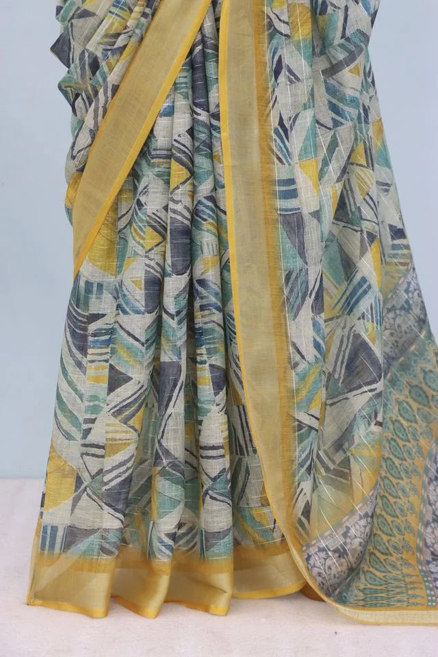 Linen Digital Print Yellow Saree With Unstiched Blouse Piece