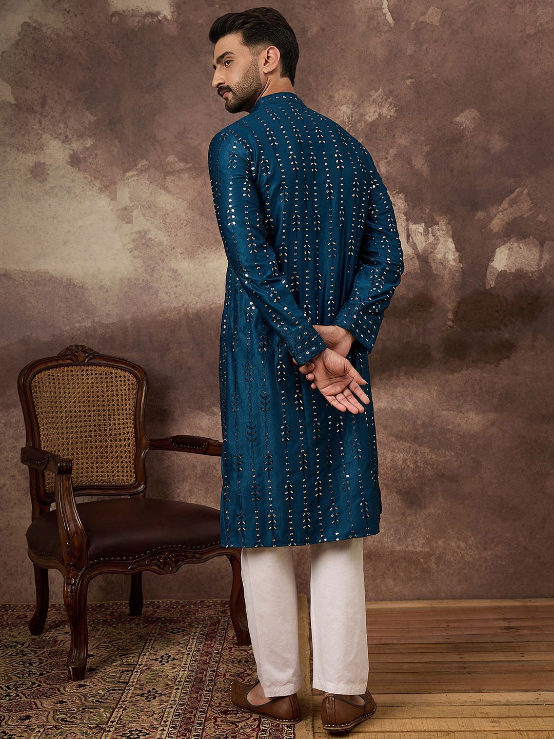 Ethnic Bay Men Blue Silk Blend Solid Embroidered Straight Kurta With Pant Set-MKSET1358