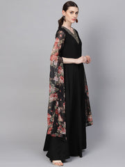 Black Printed Crepe Dress-AHKUCRCFLTDP-791