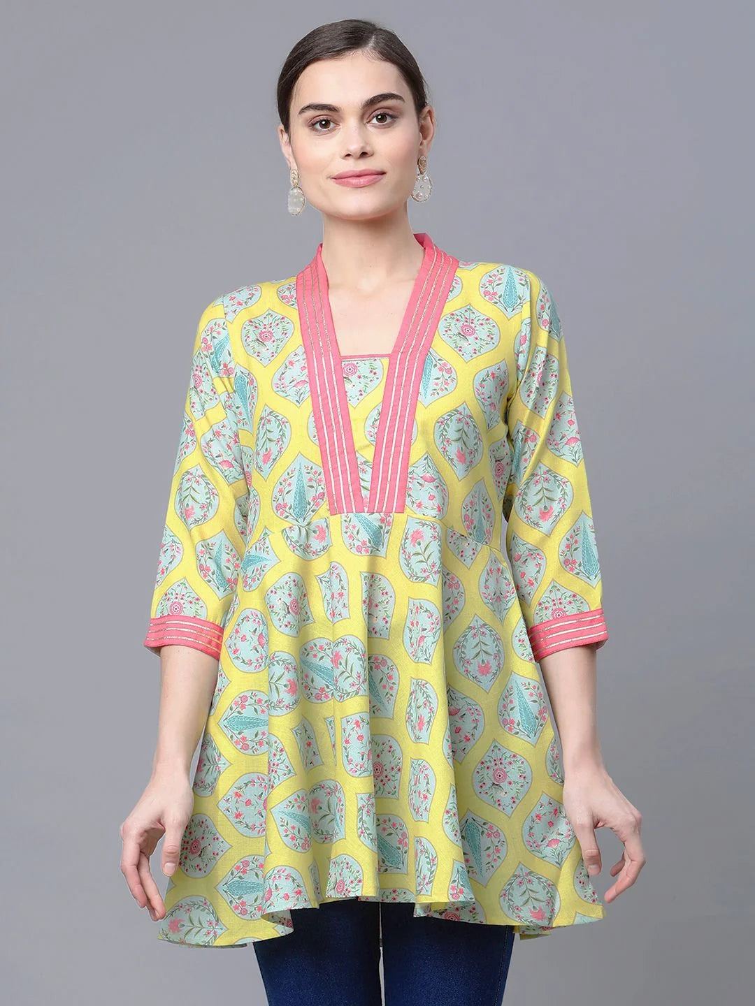 Lemon Yellow Cotton Blend Tunic Top - Indian Kurta for Women
