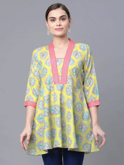 Lemon Yellow Digital Printed Pure Cotton Blend Tunic-AHTUMGDP-8058