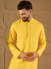 Ethnic Bay Men Yellow Viscose Rayon Solid Embroidered Straight Kurta With Pant Set-MKSET1222