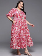 Plus Size Floral Printed Puff Sleeves Pure Cotton Maxi Ethnic Dress-AP-AHEDCOWX-237