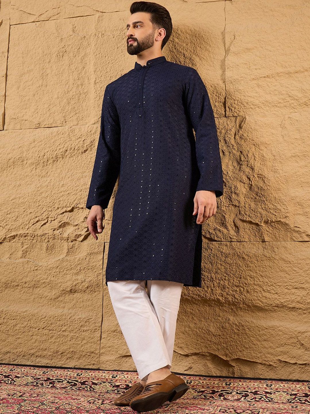 Ethnic Bay Men Blue Viscose Rayon Solid Embroidered Straight Kurta With Pant Set-MKSET1187