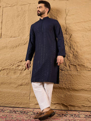 Ethnic Bay Men Blue Viscose Rayon Solid Embroidered Straight Kurta With Pant Set-MKSET1187