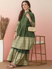Ethnic Motifs Printed Pleated Mandarin Collar Anarkali Kurta With Sharara-AHKUSH-COMBO-973