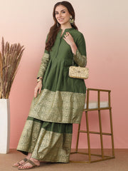 Ethnic Motifs Printed Pleated Mandarin Collar Anarkali Kurta With Sharara-AHKUSH-COMBO-973