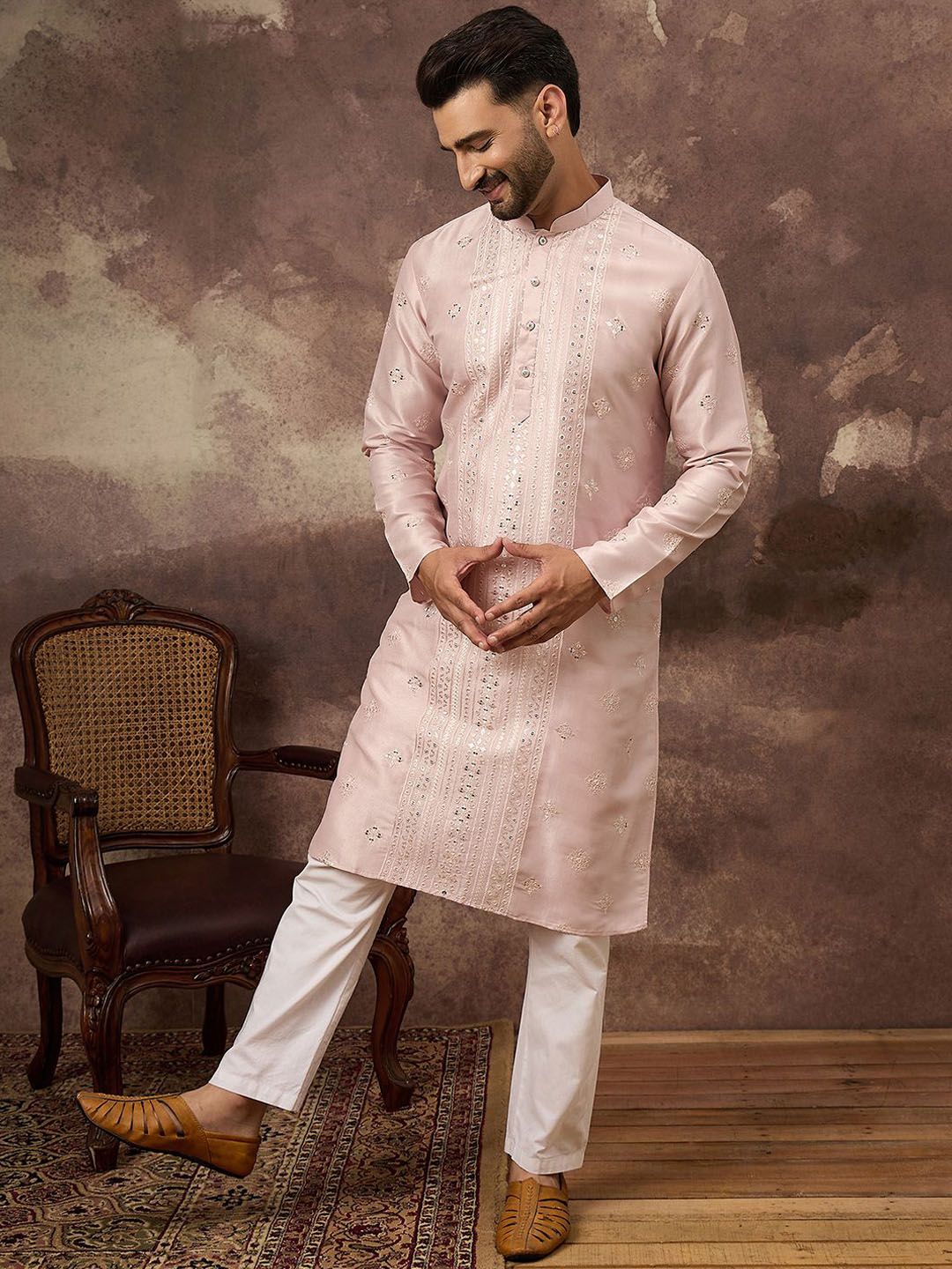 Ethnic Bay Men Pink Silk Blend Solid Embroidered Straight Kurta With Pant Set-MKSET1362