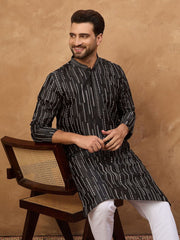 Ethnic Bay Men Black Silk Blend Geometric Printed Straight Kurta With Pant Set-MKSET1516