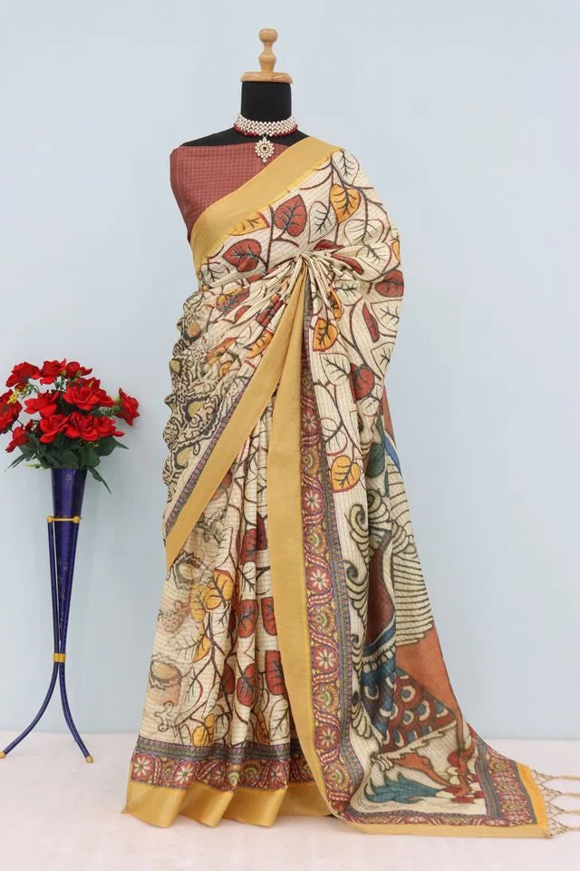 Mysore Silk Digital Print MultiColour Saree With Unstiched Blouse Piece