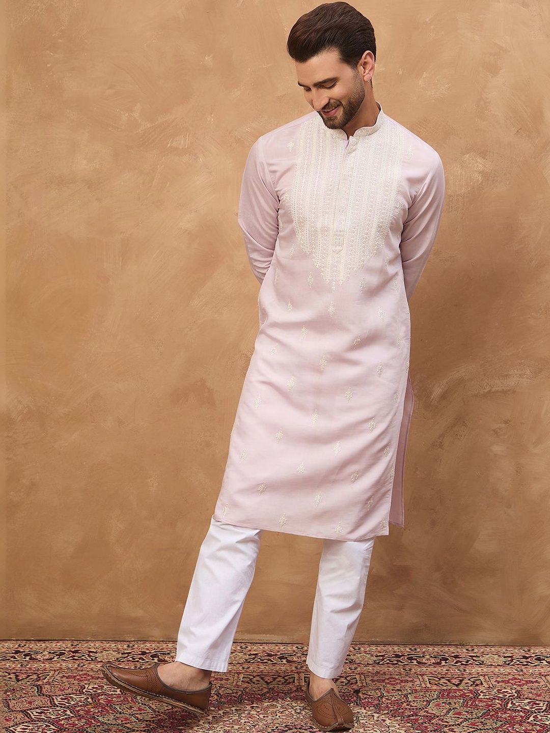 Ethnic Bay Men Lavender Silk Blend Solid Embroidered Straight Kurta With Pant Set-MKSET1448