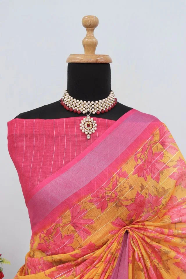 Linen Digital Print Pink Saree With Unstiched Blouse Piece