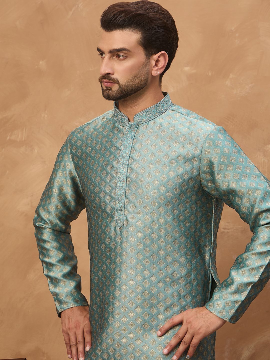 Ethnic Bay Men Blue Silk Blend Solid Woven Design Straight Kurta With Pant Set-MKSET1457