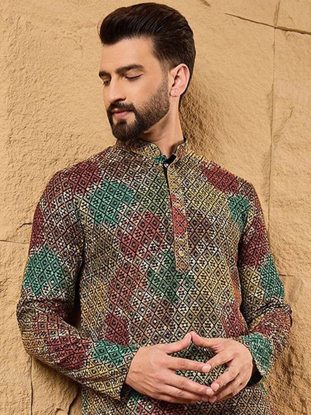 Ethnic Bay Mens Multi Viscose Rayon Geometric Embroidered Chikankari Straight Kurta With Pant Set-MKSET1180