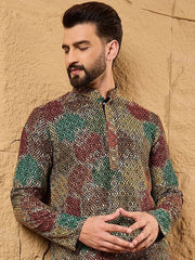 Ethnic Bay Mens Multi Viscose Rayon Geometric Embroidered Chikankari Straight Kurta With Pant Set-MKSET1180