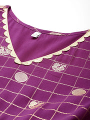 Checked Puff Sleeves Maxi Gown-AHEDCNFP-242