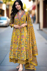 Floral Printed Calf Length Flared Anarkali And Palazzo With Printed Dupatta (Mustard)-HFXMA-K151-MUSTARD