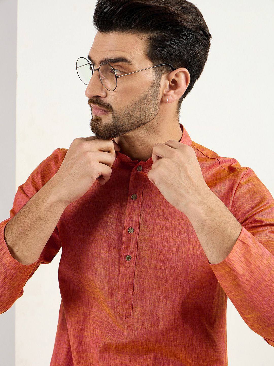 Ethnic Bay Men Orange Cotton Solid Woven Design Straight Kurta With Pant Set-MKSET1094