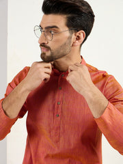 Ethnic Bay Men Orange Cotton Solid Woven Design Straight Kurta With Pant Set-MKSET1094