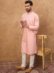 Ethnic Bay Men Peach Silk Blend Solid Solid Straight Kurta With Pant Set-MKSET1506