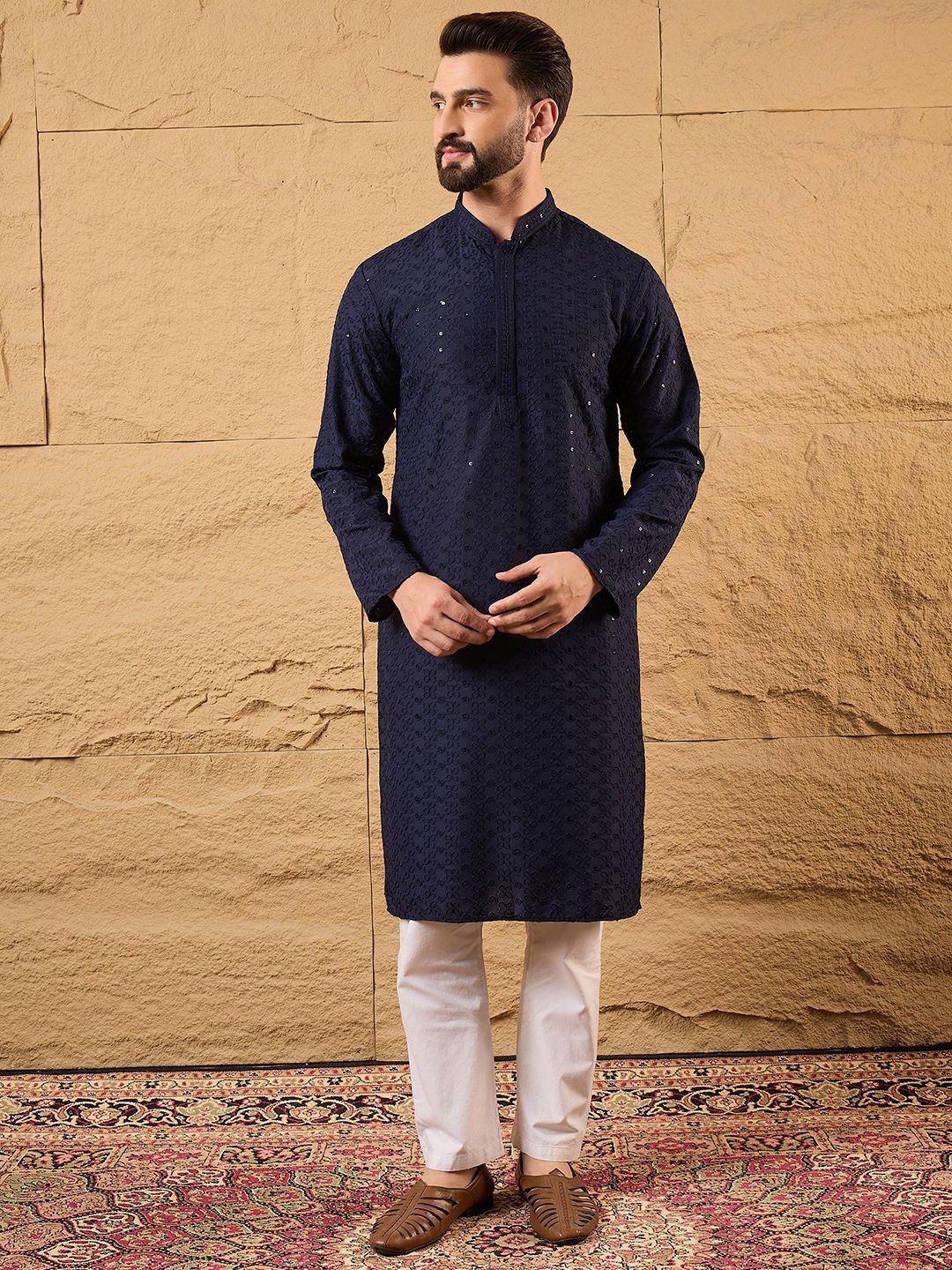 Ethnic Bay Men Blue Viscose Rayon Solid Embroidered Straight Kurta With Pant Set-MKSET1187