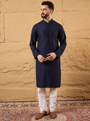 Ethnic Bay Men Blue Viscose Rayon Solid Embroidered Straight Kurta With Pant Set-MKSET1187