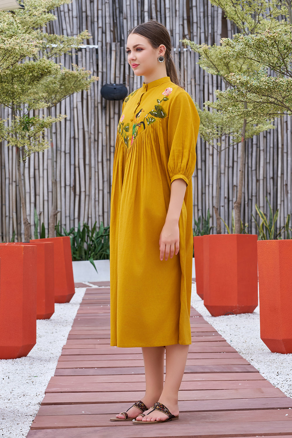 Plus Size Mustard Casual Wear Hand-painted Dress With Stand Collar